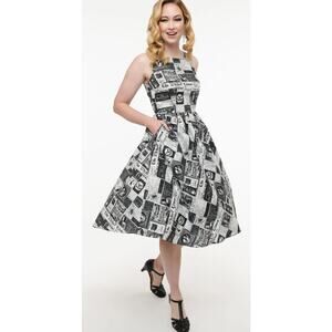 Retrolicious 1950s Black & White Halloween Newspaper Midi Dress NWT 1X Pinup